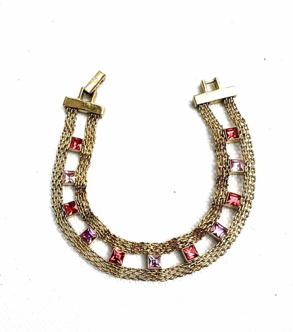 Vintage Givenchy Gold Tone Multi Strand Bracelet Pink Red Rhinestones Signed